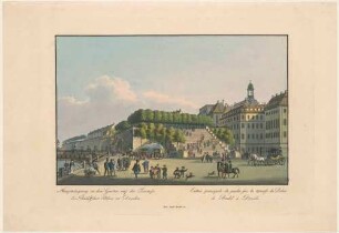 Dresden, die Treppe zur Brühlschen Terrasse vom Schlossplatz nach Osten, rechts das Fürstenbergische Haus (Finanzhaus) und das Palais Brühl (um 1900 für Ständehaus abgerissen)