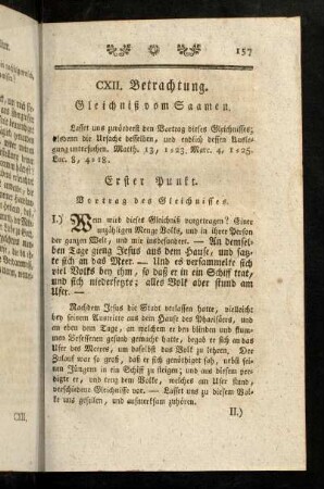 157-174, CXII. Betrachtung. Gleichniß vom Saamen. CXIII. Betrachtung. Gleichniß vom besäeten Felde oder Acker.