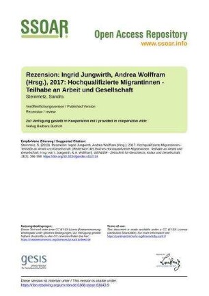 Rezension: Ingrid Jungwirth, Andrea Wolffram (Hrsg.), 2017: Hochqualifizierte Migrantinnen - Teilhabe an Arbeit und Gesellschaft