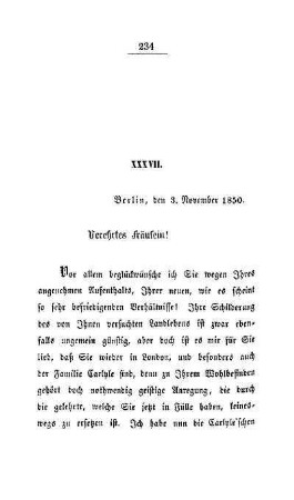 XXXVII. Berlin, den 3. November 1850. Verehrtes Fräulein!
