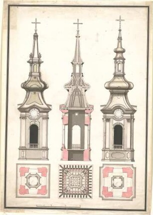 Eckert, Mathäus; Mainz; Kirchturm - Grundrisse, Ansichten, Schnitt