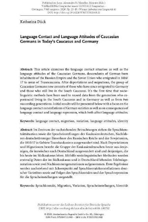 Language Contact and Language Attitudes of Caucasian Germans in Today’s Caucasus and Germany