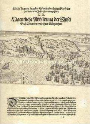 Abbildung der Insel Groß Canaria und ihrer Lage - Tafel 47 aus de Bry, Amerika II