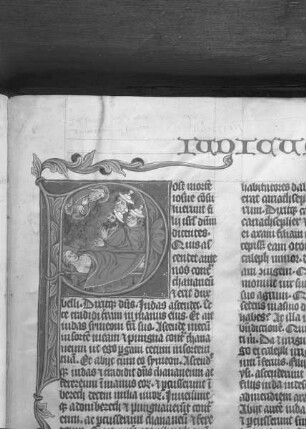 Lateinische Bibel, Teil I — Initiale P mit dem aufgebahrten Leichnahm Josuas, Folio 108 a