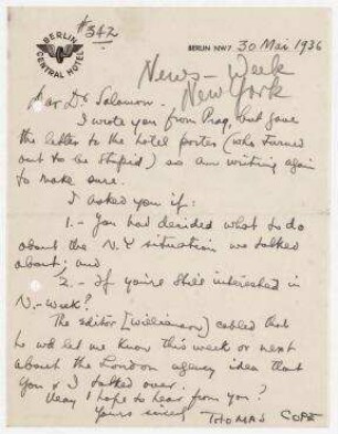 Brief von Thomas Cope, Foreign Editor, News Week Magazin an Erich Salomon