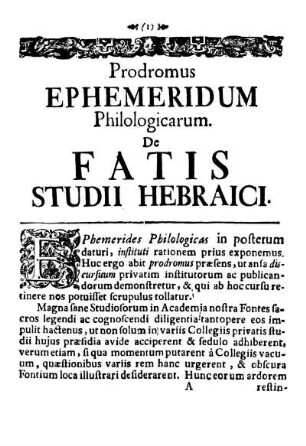 Prodromus Ephemeridum Philologicarum. De Fatis Studii Hebraici.