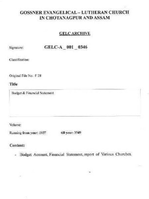Budget & Finance Statement of Congregations