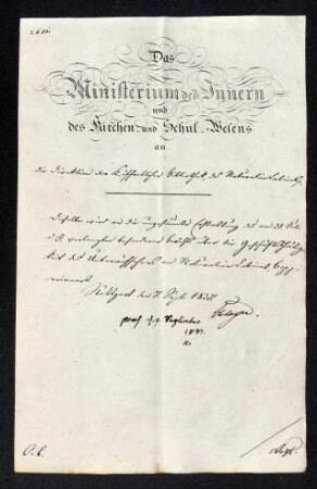 Handschriftliches ministeriales Schreiben an die K. Direktion der öffentlichen Bibliothek des Naturalienkabinetts