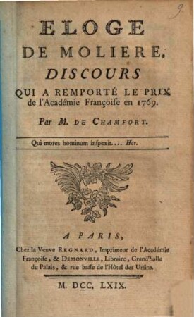 Éloge de Molière : Discours qui a remporté le prix de l'Académie Française en 1769