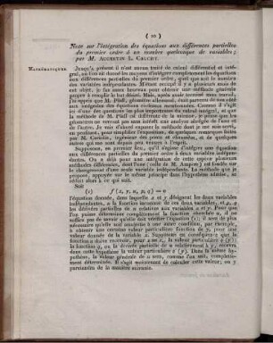 Note sur l´intégration des équations aux différences partielles du premier ordre à un nombre quelconque de variables;