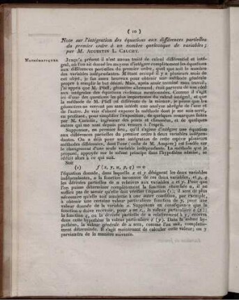 Note sur l´intégration des équations aux différences partielles du premier ordre à un nombre quelconque de variables;