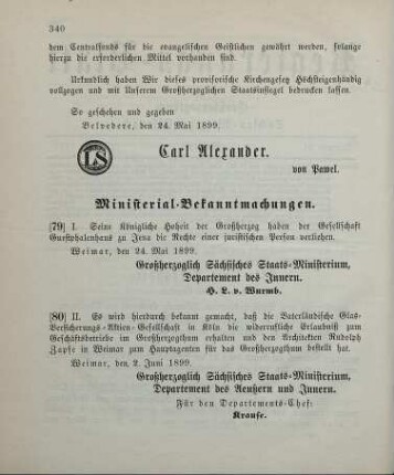 80. Ministerial-Bekanntmachung, betreffend Zulassung der Vaterländischen Glas-Versicherungs-Aktien-Gesellschaft in Köln zum Geschäftsbetrieb im Großherzogthum