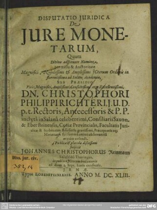 Disputatio iuridica de iure monetarum