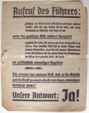 Propagandaflugblatt zur Volksabstimmung über den "Anschluß" Österreichs und die Politik der Hitler-Regierung
