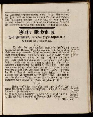 Fünfte Abtheilung. Von Aufstellung, nöthigen Eigenschaften, und Pflichten der Schulmeister.