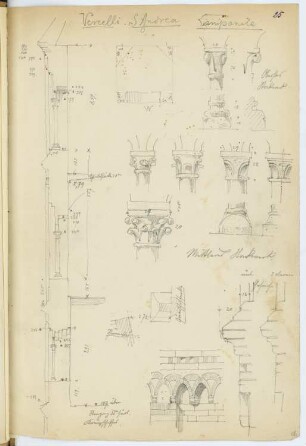 S. Andrea, Vercelli: Fassadenschnitte vertikal, Details Campanile (aus: Skizzen- und Fotoalbum 4)