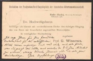 Friedrich Karl Vollmer (1867-1923), Nachlass: Brief und Karten von Georg Wissowa an Friedrich Karl Vollmer - BSB Vollmeriana I. Wissowa, Georg