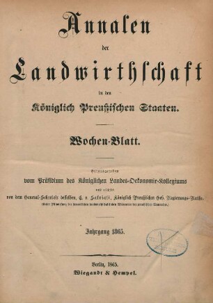 5.1865: Annalen der Landwirthschaft in den Königlich Preußischen Staaten / Wochenblatt