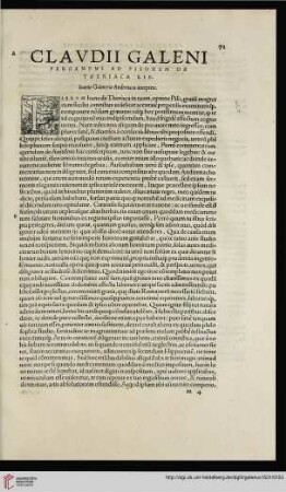 Galenus, De Theriaca, ad Pisonem commentariolus