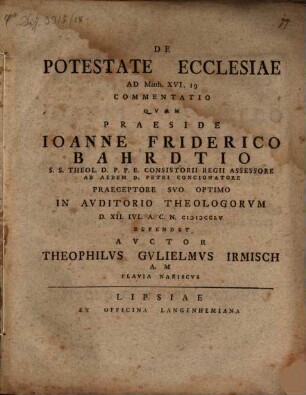 De Potestate Ecclesiae : Ad Matth. XVI, 19 Commentatio