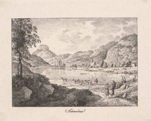 Schandau (Bad Schandau) in der Sächsischen Schweiz vom linken Elbufer nach Nordwesten, im Hintergrund der Lilienstein