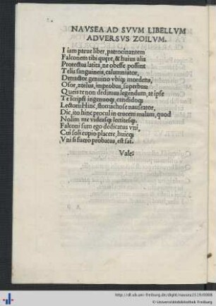 Nausea Ad Suum Libellum Adversus Zoilum.