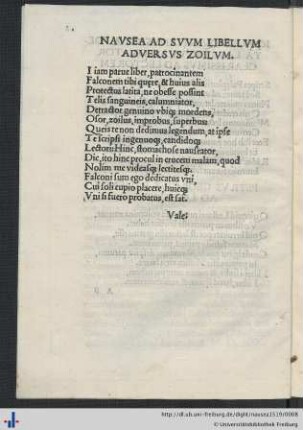 Nausea Ad Suum Libellum Adversus Zoilum.