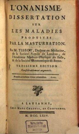 L' Onanisme : Dissertation Sur Les Maladies Produites Par La Masturbation