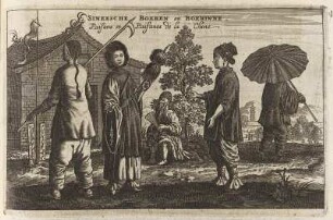 Sineesche Boeren en Boerinne : Sineesche Boeren en Boerinne. Paisans et Paisanes la Chine (Chinesische Bauern und Bäuerinnen) Kupferstich Seite 291 aus: Die Gesantschaft der Ost-Indischen Geselschaft in den Vereinigten Niederländern an den Tartarischen Cham und nunmehr auch Sinischen Keiser : verrichtet durch die Herren Peter de Gojern und Jacob Keisern; darinnen begriffen die aller märkwürdigsten Sachen, welche ihnen auf währender Reise vom 1655. Jahre bis in das 1657. aufgestoßen. Amsterdam: Mörs, 1666. Dresden: SLUB Geogr.C.408