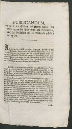Publicandum, wie es in den Städten des platten Landes, mit Einbringung des Bau-, Nutz- und Brennholzes, auch der Holzkohlen und des Wildprets gehalten werden soll : [Gegeben Berlin, den 4ten Juny 1783]