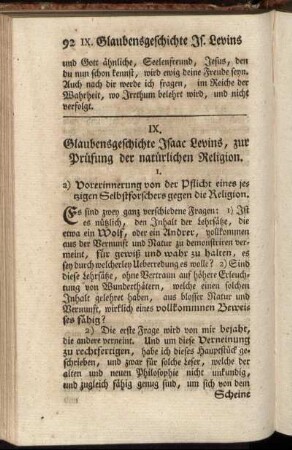 IX. Glaubensgeschichte Isaac Levins, zur Prüfung der natürlichen Religion.