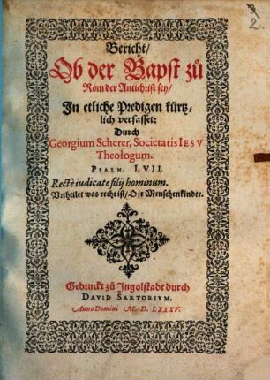 Bericht, Ob der Bapst zu Rom der Antichrist sey
