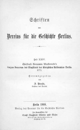Christoph Benjamin Wackenrode's Corpus Bonorum des Magistrats der Königlichen Residentzien Berlin : 1771