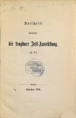 Vorschrift betreffend die tragbare Zelt-Ausrüstung