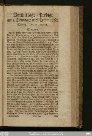[No. 34.] Vormittags-Predigt am 1. Sonntage nach Trinit. 1762. Evang. Luc. 16, 19 - 31.