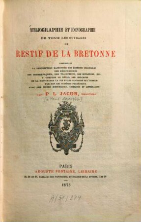 Bibliographie et iconographie de tous les ouvrages de Restif de LaBretonne