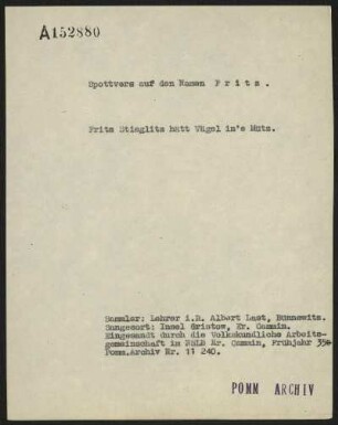 Fritz Stieglitz hätt Vägel in'e Mütz.