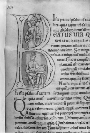 Bibel aus dem Augsburger Dom — Initiale B (eatus vir) mit segnendem Christus und König David die Harfe spielend, Folio 202recto