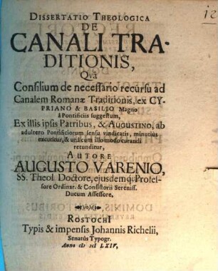 Dissertatio Theologica De Canali Traditionis
