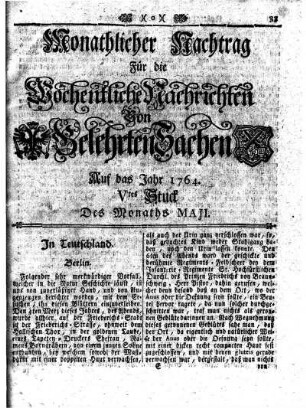 Monathlicher Nachtrag [...] Auf das Jahr 1764. Vtes Stuck Des Monaths Maji