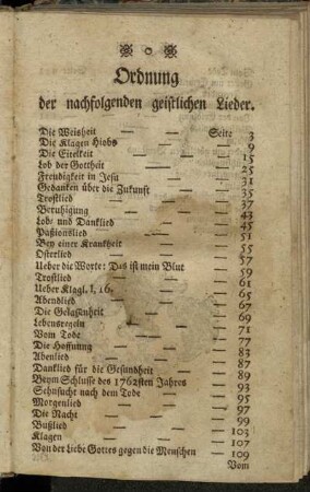 Ordnung der nachfolgenden geistlichen Lieder.