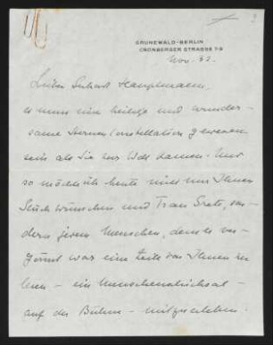 Brief von Edith Andreae an Gerhart Hauptmann