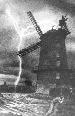 Meißen-Proschwitz. Windmühle, Gewitter über Meißen, Kalenderblatt, aus: Kalender für das Erzgebirge, 1940, Repro