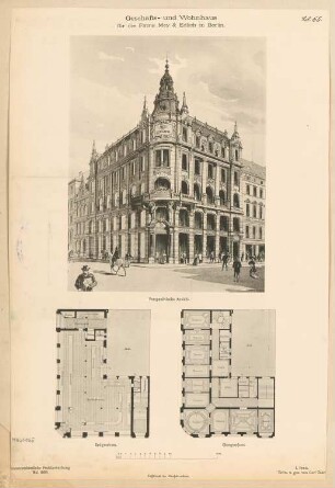 Geschäfts- und Wohnhaus Mey & Edlich, Berlin Monatskonkurrenz Mai 1889: Grundriss Erdgeschoss, Obergeschoss, perspektivische Ansicht; Maßstabsleiste