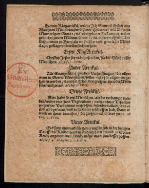 Die vier Klagartickel/ welche Ich Samuel Huber aus Abraham Meußleins/ und Peter Hybeners/ mit Bezae zu Mumpelgart/ Anno 1586 ubergebener Bekantnus ... geklagt und widerfochten hab.