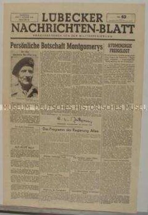 Nachrichtenblatt der britischen Militärregierung "Lübecker Nachrichten-Blatt" mit einem Aufruf von Feldmarschall Montgomery an die deutsche Bevölkerung