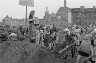 Enttrümmerung im Stadtkern : Dresden. Schutt beseitigende, Ziegel klopfende Frauen und Akkordeonspielerin