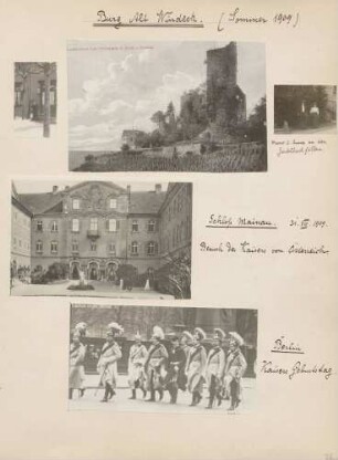 links oben: Hans von Braun im Luftkurort Alt-Windeck Mitte oben: Blick auf den Luftkurort Alt-Windeck bei Bühl in Baden rechts oben: "Marie und Anna an den Gertelbachfällen" Mitte: Blick auf Schloss Mainau unten: Uniformierte bei des Kaiseres Geburtstag in Berlin