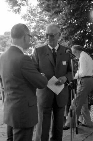 35. Tagung 1985 Physik; Bayrisches Frühstück: Baron Dées de Sterio, Graf Lennart Bernadotte