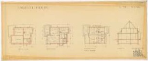 Einfamilienhaus: 1 Schnitt und 3 Grundrisse Kellergeschoss, Erdgeschoss und Obergeschoss 1:100 L. 19